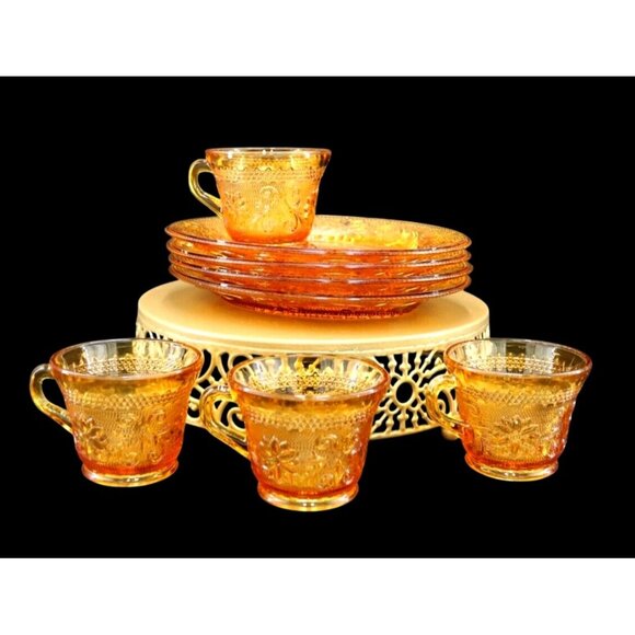 Vintage 8 Piece Tiara/Indiana Glass Snack Sets.  Plates and Glasses in Rich Ambe - Picture 1 of 8